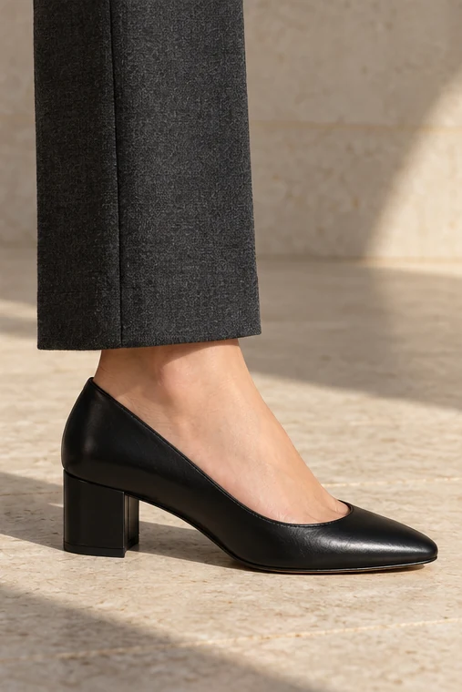 Black closed pump with a low block heel beneath charcoal tailored trousers.